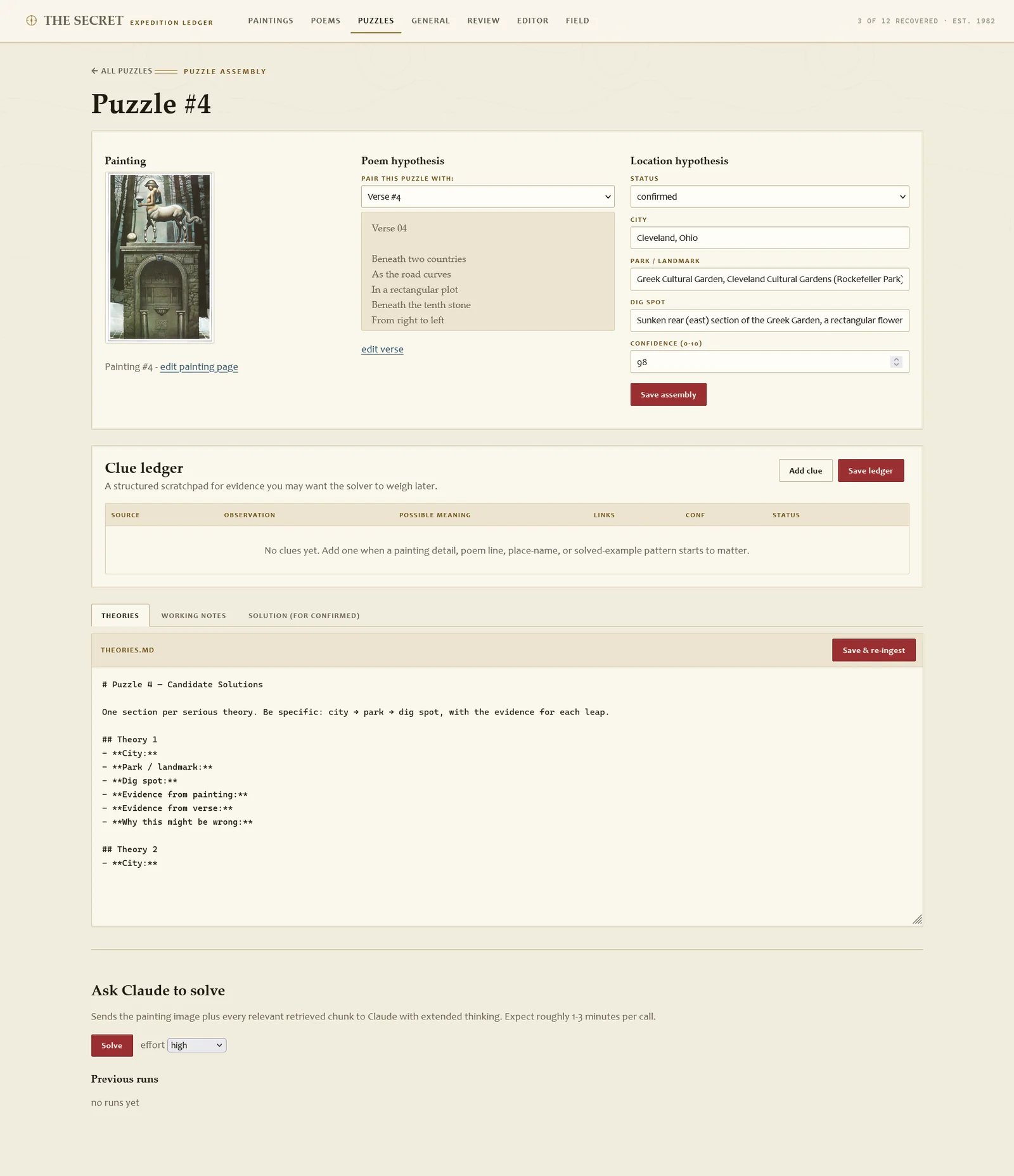 Puzzle assembly page for the solved Cleveland casque: painting, verse, location hypothesis, clue ledger, and a solve button