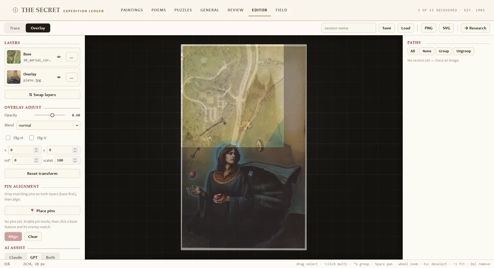 Layered image editor tracing a painting plate over an aerial photograph, with layer, opacity, pin alignment, and AI assist controls
